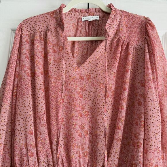 Maison d'Amelie Blouse Size M Pink Floral Boho Smocked Long Sleeve Peasant - Picture 2 of 11